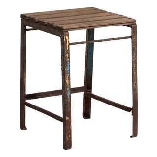 Antique Industrial Stool in Pine Wood and Iron, Central Europe, 1950 For Sale