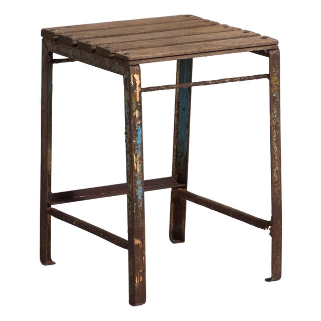Antique Industrial Stool in Pine Wood and Iron, Central Europe, 1950 For Sale