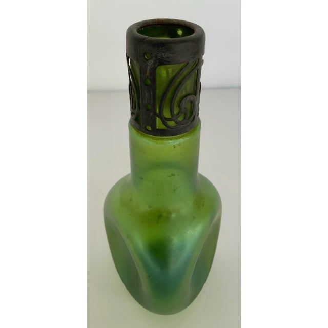 Timeless turn of the century Antique Loetz Green Dimple Art Glass Vase, delicate black metal top, circa 1910’s