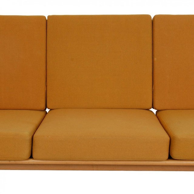 Three-Seater Cigar Sofa in Oak and Yellow Fabric by Hans Wegner, 1960s For Sale - Image 10 of 18