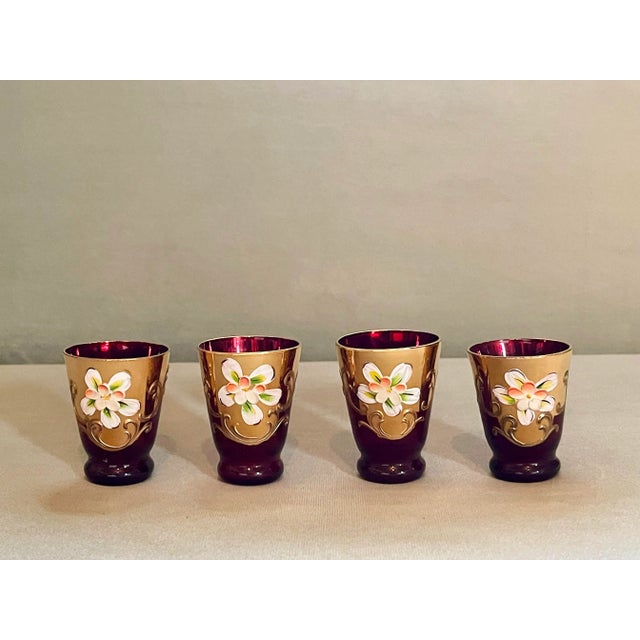 Early 20th Century Vintage Ruby & Gold Glass Floral Decanter & Glass Set- 5 Pieces For Sale - Image 5 of 9