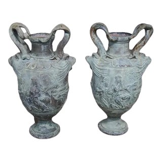 20th Century Renaissance Style Verdigris Painted Cast Lead Two Handle Urns - A Pair For Sale