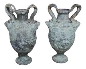 20th Century Renaissance Style Verdigris Painted Cast Lead Two Handle Urns - A Pair