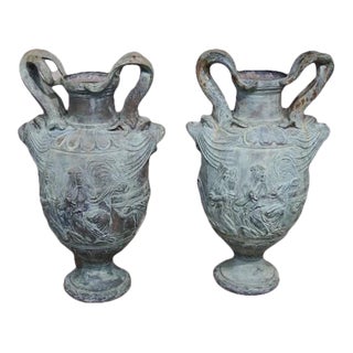 Mid 20th Century Renaissance Style Verdigris Painted Cast Lead Two Handle Urns - a Pair For Sale