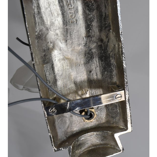 Petitot & Degue French Art Deco Nickeled Bronze & Frosted Glass Modernist Wall Sconces 1930s - A Pair For Sale - Image 11 of 14