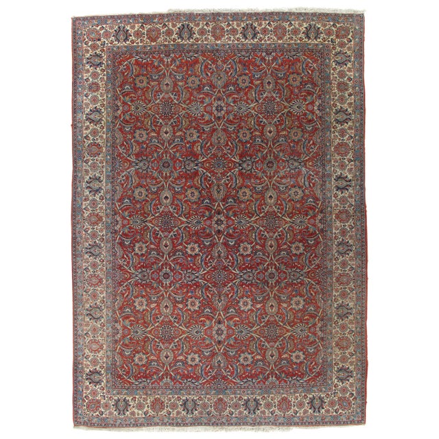 1920s Antique Dabir Kashan Carpet, Handmade Wool Carpet, Red, Navy, Ivory For Sale - Image 5 of 5