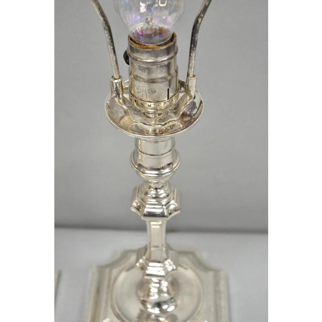 Antique English Regency Silver Plated Footed Candlestick Table Lamps - A Pair For Sale - Image 10 of 16