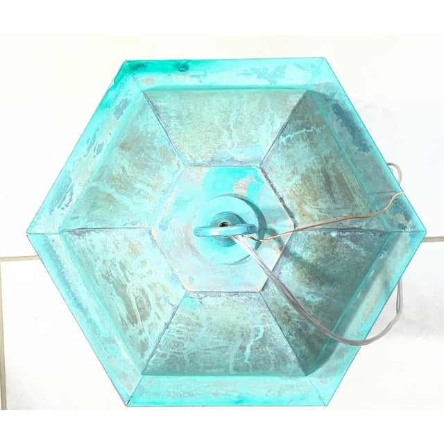Verdigris Vintage Solid Brass Hexagonal Hanging Lantern – Verdigris Patina 20”h X 11”w For Sale - Image 8 of 18