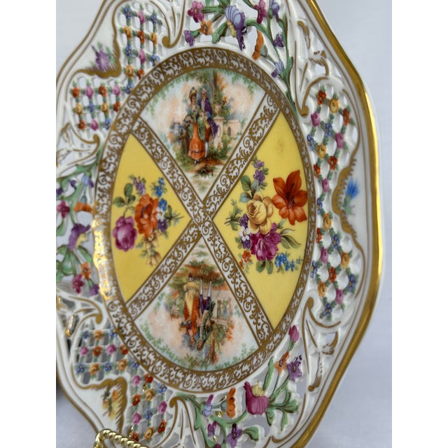 Rococo Vintage German Porcelain Yellow Quatrefoil Plate by Schumann Bavaria, Courting Couple Scene - 5 Available For Sale - Image 3 of 7