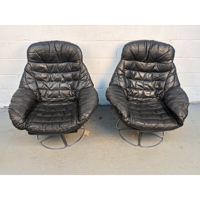 Pair of Vintage Black Leather Swivel Chairs For Sale - Image 4 of 14