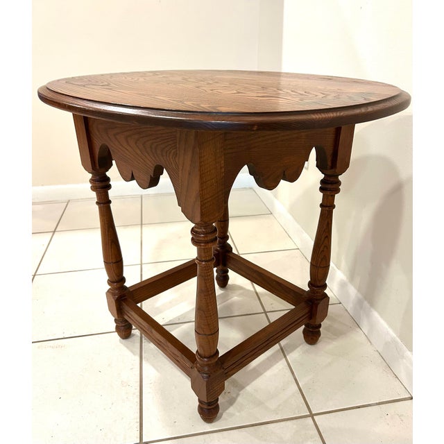 1980s 1980s Authentic L. Hitchcock Signed Oval Side Table - Solid Oak Harvest Stenciled Accent End Table - Scalloped Apron For Sale - Image 5 of 12