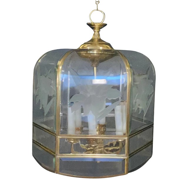 Vintage Art Deco Lucite Waterfall Edge Chandelier With Etched Irises 1980s For Sale