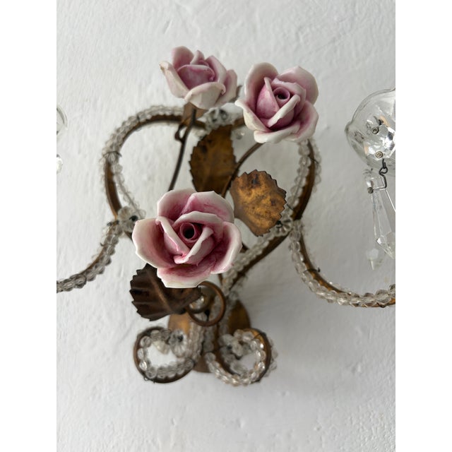 French Beaded Old Vintage Pink Porcelain Roses Flowers Sconces Italian ...