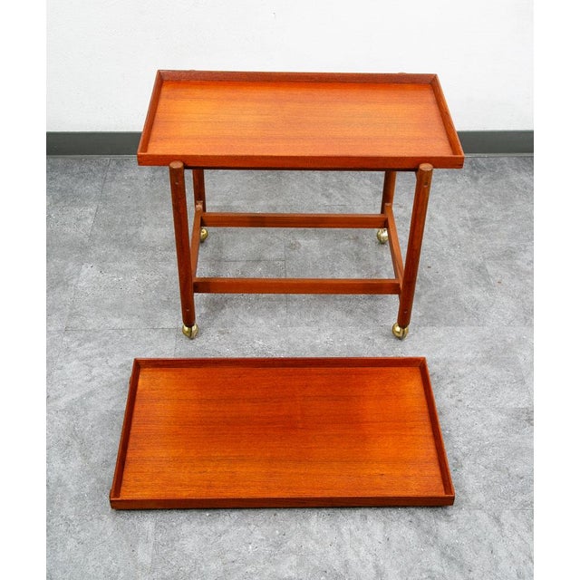 Brown Mid Century Danish Modern Serving Cart Trolley Teak Rolling Bar Expanding MCM For Sale - Image 8 of 12