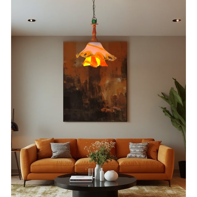 Murano Art Glass Looped Abstract Orange White Pendant Light For Sale - Image 11 of 18