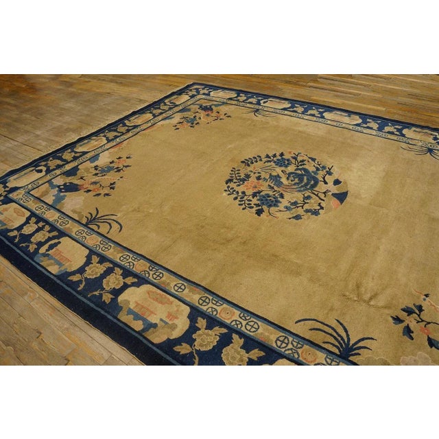Chinese Cute Tan Background Color and blueFlower Border Medallion/Crest Pattern Antique Chinese Peking Rug For Sale - Image 3 of 11