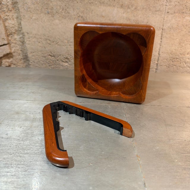 Wood Mid-Century Modern Staved Teak Nutcracker Nut Bowl Set Flemming Digsmed Nissen For Sale - Image 7 of 8
