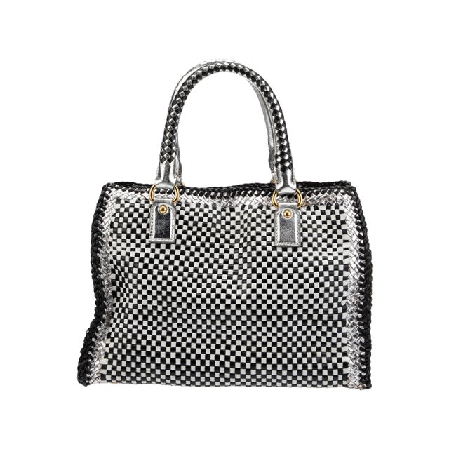 2000 - 2009 Prada Madras Top Handle Satchel Navy Silver Shoulder Blue Leather Tote HandBag For Sale - Image 5 of 10