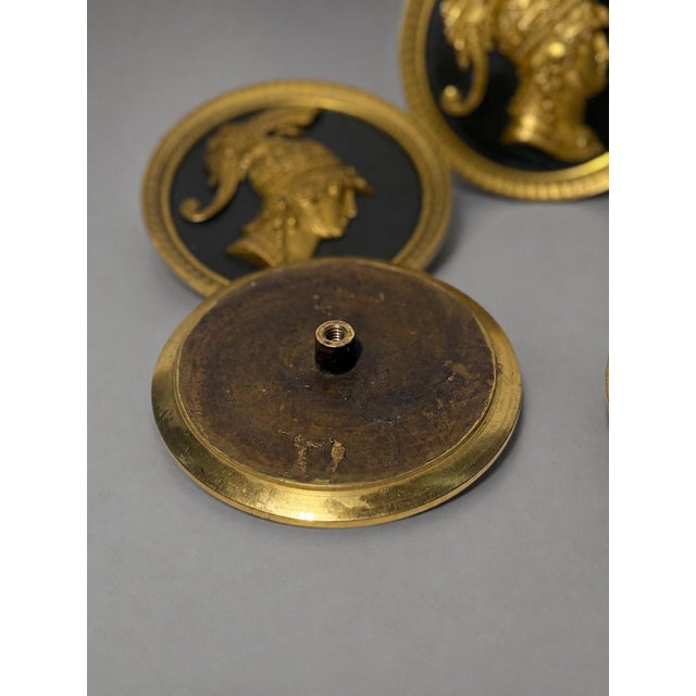 Metal Set 5, 19th Century French Neoclassical Gilt Bronze Warrior Medallion Tiebacks For Sale - Image 7 of 10