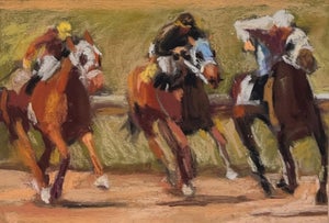 Finish Line, Circa 2009 by Ginger Lecher | Pastel Horses racing towards the finish line.