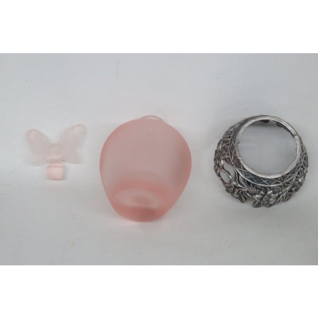 Metal Pink Frosted Glass Perfume Bottle Butterfly Stopper and Metal Filagree 4623b For Sale - Image 7 of 13