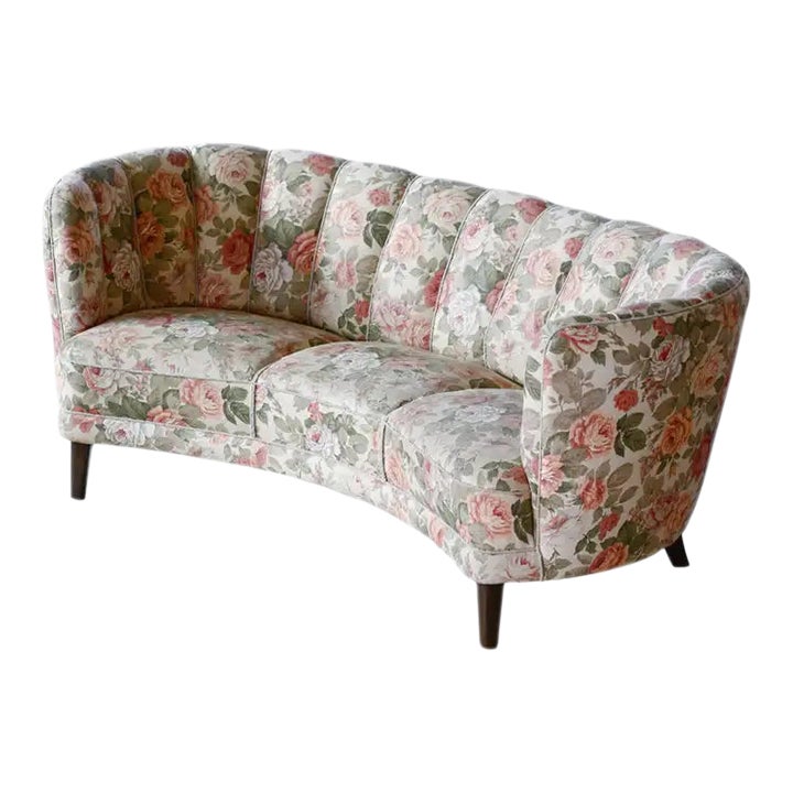 Danish 1940s Large Banana Form Curved Sofa in Floral Fabric Chairish