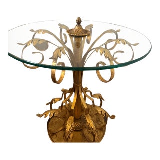 Vintage Hollywood Regency Gilt Metal Flower Leaf and Glass Side Table For Sale