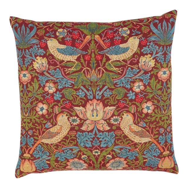 Strawberry Thief Red Tapestry Cushion With Feather Filler - 46x46cm (18"x18") For Sale