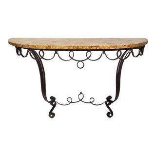 Mid 20th Century French Hand Forged Iron Demi Lune Console With Marble Top For Sale