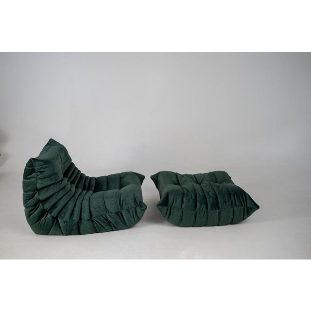 1970s Togo Lounge Chair and Pouf in Dark Mint Velvet by Michel Ducaroy for Ligne Roset, 1973, Set of 2 For Sale - Image 5 of 18