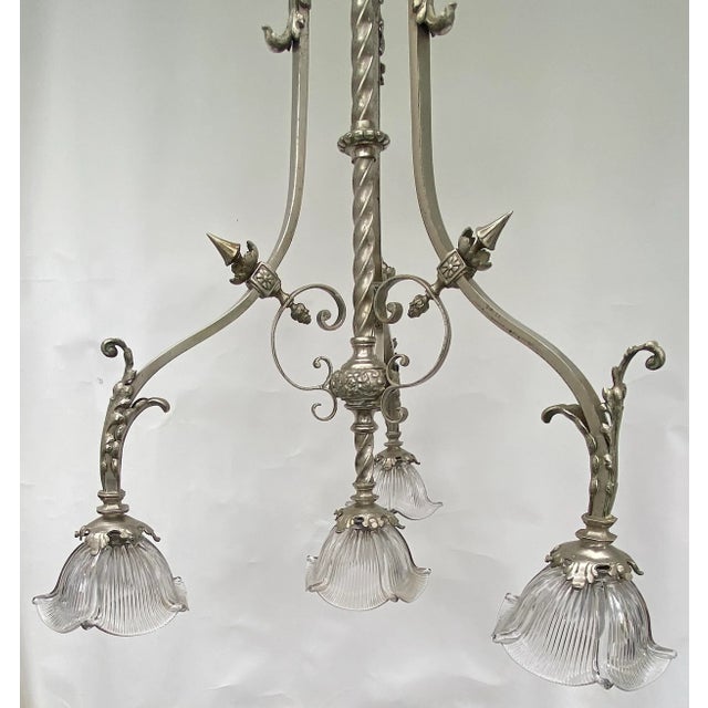 Late 19th Century Antique Late 19th Century French Ornate Silver 4 Light Chandelier With Glass Shades Stamped "P B" For Sale - Image 5 of 8