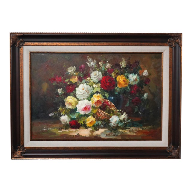 Avancaria Artist Signed Floral Still Life Oil Paint on Canvas For Sale