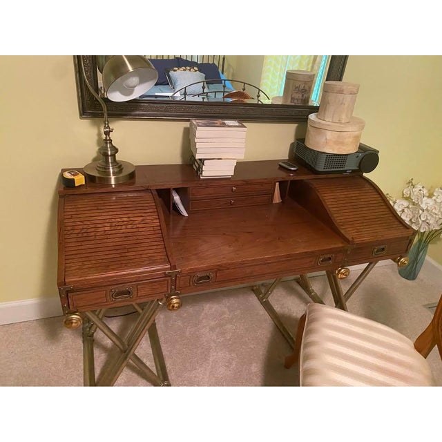 Vintage 1970's Drexel Oxford Square Campaign Style Desk Faux Brass Legs For Sale - Image 10 of 11