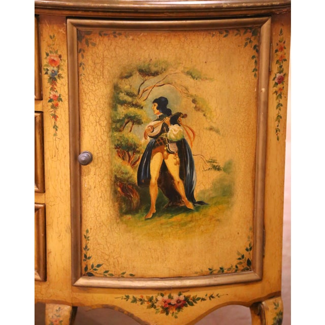 Yellow Mid-Century Italian Painted Demi-Lune Commode With Floral and Figural Panel For Sale - Image 8 of 14