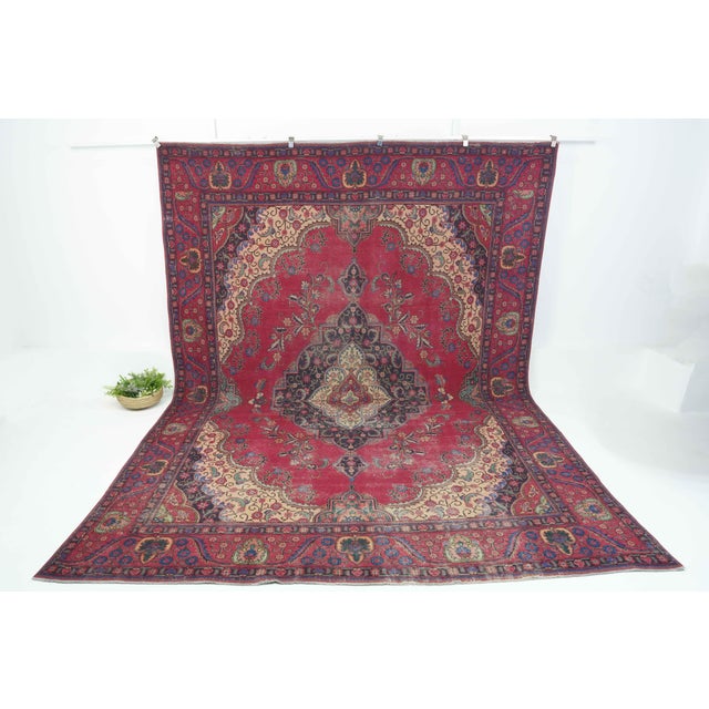 1970s Vintage Persian Handmade Wool 9x13 Red Area Rug For Sale - Image 4 of 11
