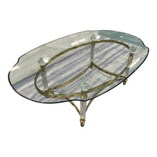 Vintage Brass and Lucite Oval Glass Top Coffee Table For Sale
