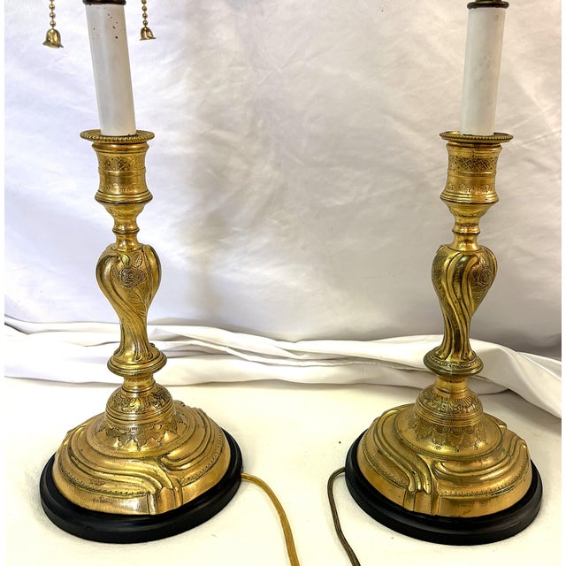 Antique French Art Nouveau Embossed Brass Candlestick Lamps- A Pair For Sale - Image 15 of 18