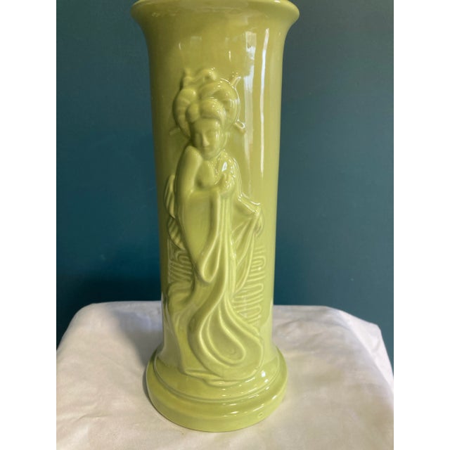 Mid 20th Century Vintage Chartreuse Green Ceramic Vase With Asian Woman Relief For Sale - Image 5 of 10