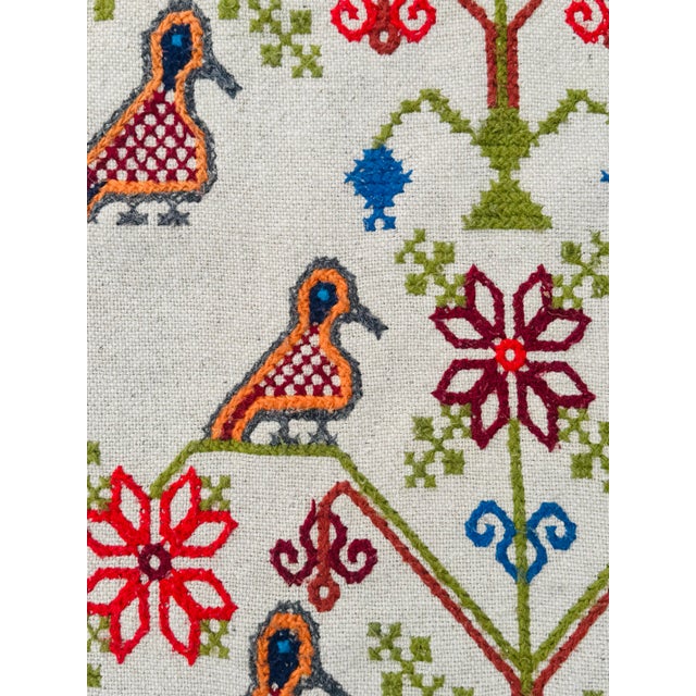 Rustic European Vintage Hand-Embroidered Folk Textile or Thin Rug – Large Eastern European Tapestry With Birds & Floral Motifs (79” X 104”) For Sale - Image 3 of 10