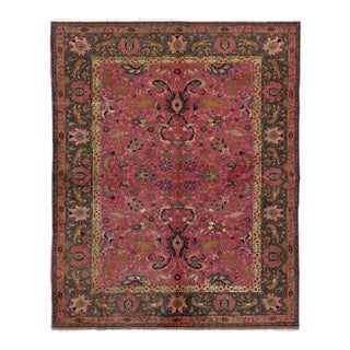 Hand-Knotted Antique Indian Agra Rug in All Over Pink, Green Hunting Pictorial For Sale