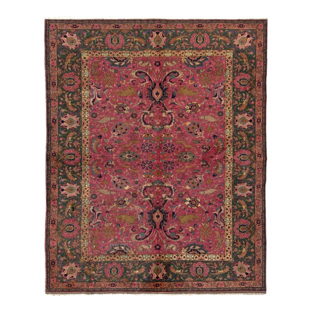 Hand-Knotted Antique Indian Agra Rug in All Over Pink, Green Hunting Pictorial For Sale