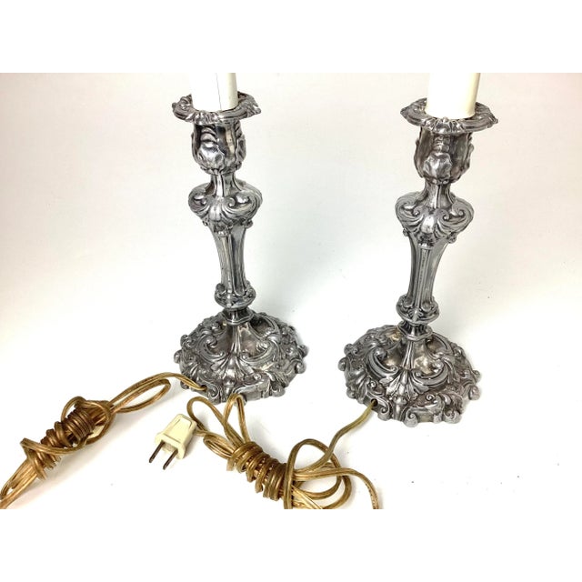 Early 20th Century Pair Early 20th Century Silver Pewter Candlestick Lamps For Sale - Image 5 of 9
