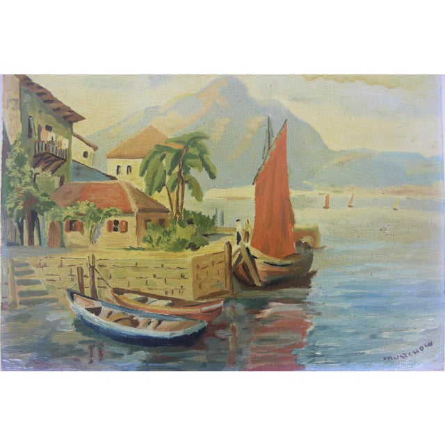 Textile Signed Vintage Painting, Marina Sailboats, Mid-Century Nautical Art Fishing Boat For Sale - Image 7 of 10