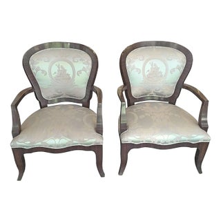 Pair of Mid 20th Century Ornately Upholstered Silk Arm Chairs For Sale