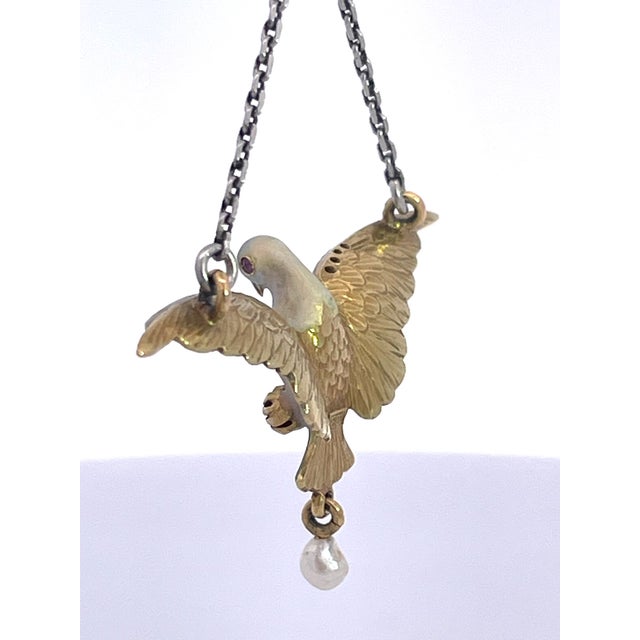 Art Nouveau 18k Gold Enamel Dove Necklace With Diamonds & Ruby, 1910 For Sale - Image 10 of 12