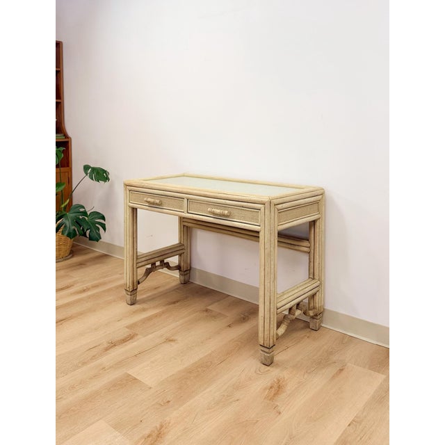 Beige Vintage Ficks Reed Style Faux Bamboo Petite Desk With Drawers Wicker Coastal MCM For Sale - Image 8 of 13