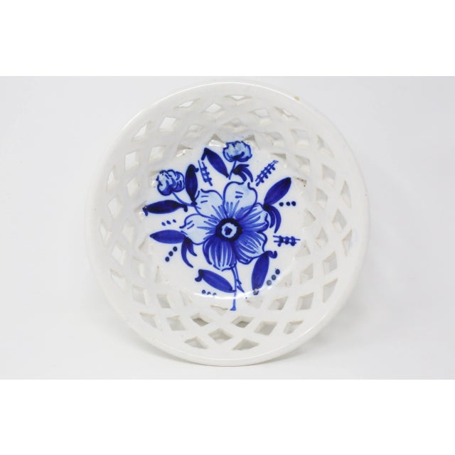 Vintage Ceramic Basket-Weave Bowl With Blue Flower For Sale - Image 11 of 11