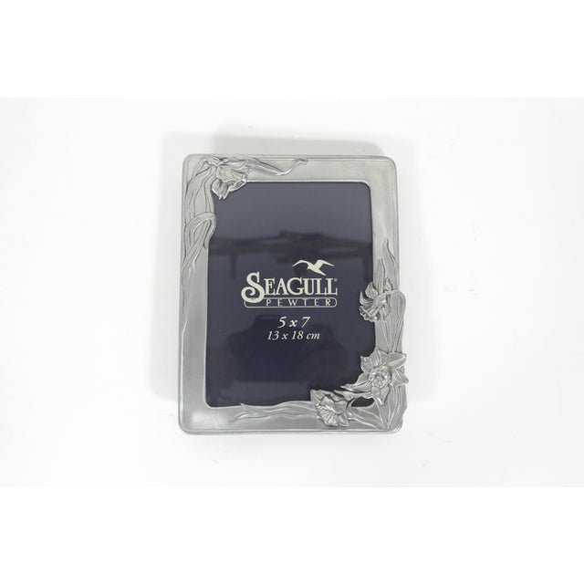 American Vintage Pewter Picture Frame 5 X 7 Large, Seagull Daffodil Easel, Table Top Photo Horizontal or Vertical For Sale - Image 3 of 9