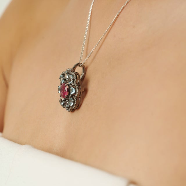 Antique Design Ruby & Blue Topaz Silver Pendant With Diamond Accents- Anniversary Gifts For Sale - Image 4 of 11