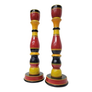 Vintage Post Modern Design Hand-Painted Wood Candle Holders - a Pair For Sale